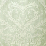 Aqua damask pattern wallpaper with intricate classical design, Masaccio Damask by Schumacher.