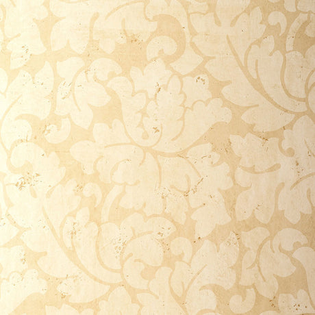 Tolomei Damask wallpaper in Sand by Schumacher, featuring a classic damask pattern in beige tones.