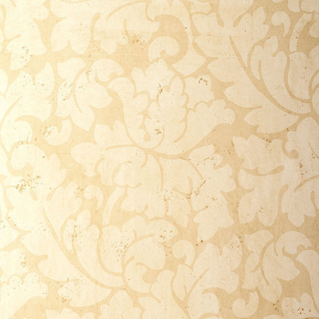 Tolomei Damask wallpaper in Sand by Schumacher, featuring a classic damask pattern in beige tones.