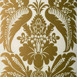 Montebello Damask wallpaper in Slate by Schumacher, featuring a large-scale traditional damask pattern in gold on a cream background.