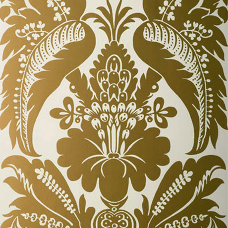 Montebello Damask wallpaper in Slate by Schumacher, featuring a large-scale traditional damask pattern in gold on a cream background.
