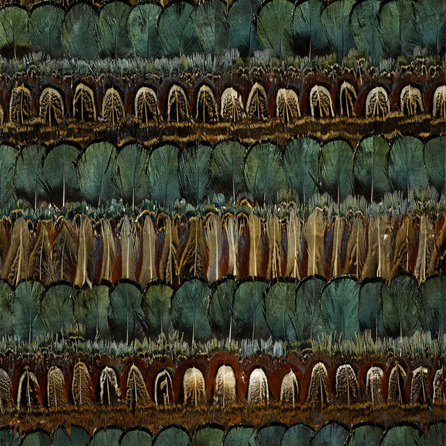 Cayuga Cyprus by Schumacher - Luxe hand-gathered feather wallcovering panel in iridescent green and brown stripes.