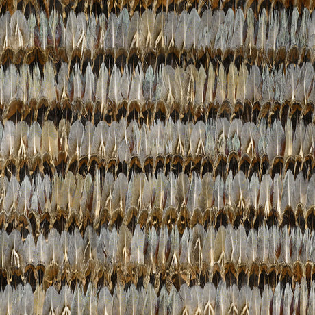 Close-up of Schumacher Everglades Dove wallcovering panel showing hand-applied natural feathers in a subtle, iridescent stripe pattern.