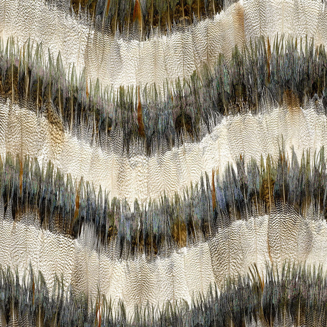 Belle Isle wallcovering in Birch by Schumacher, featuring a luxurious hand-applied feather stripe pattern with iridescent shimmer.