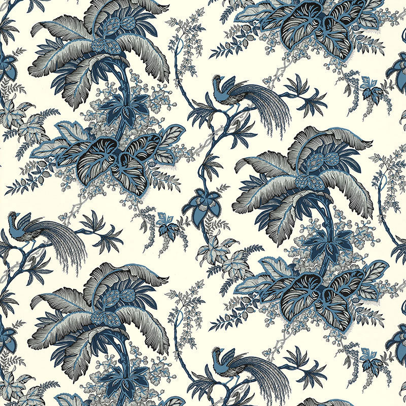 Coconut Grove wallpaper in Lapis by Schumacher featuring a classic botanical and bird print in blue tones on a light background.