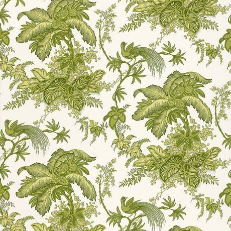 Coconut Grove wallpaper in Leaf by Schumacher featuring green tropical foliage and birds on a cream background.