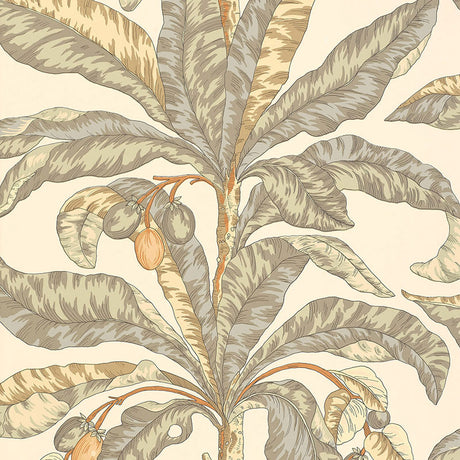 Blair House Palm wallpaper in Vanilla & Aqua by Schumacher, featuring large palm leaves and fruit in a tropical botanical design.