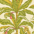 Blair House Palm wallpaper featuring a tropical palm tree design in green, yellow, and red on a cream background.