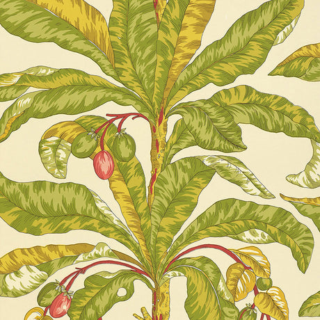 Blair House Palm wallpaper featuring a tropical palm tree design in green, yellow, and red on a cream background.