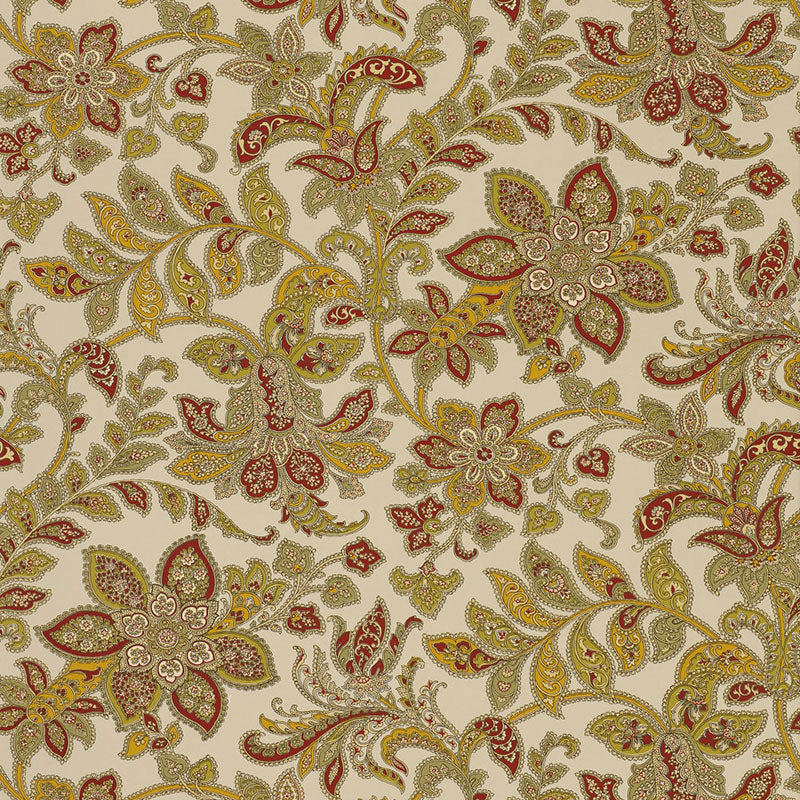Corsini Paisley wallpaper in Patina by Schumacher featuring an intricate paisley floral pattern in red, gold, and green tones.
