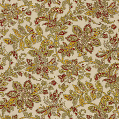 Corsini Paisley wallpaper in Patina by Schumacher featuring an intricate paisley floral pattern in red, gold, and green tones.