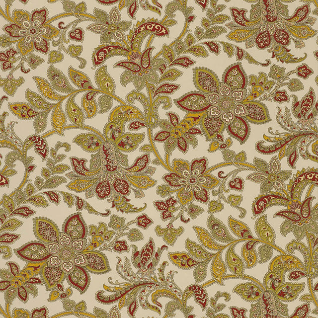 Corsini Paisley wallpaper in Patina by Schumacher featuring an intricate paisley floral pattern in red, gold, and green tones.