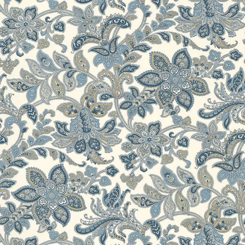 Corsini Paisley wallpaper in Porcelain by Schumacher featuring an intricate paisley floral pattern in blue and beige tones.