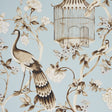 OISEAUX ET FLEURS wallpaper in Mineral by Schumacher, featuring elegant birds, birdcages, and floral motifs on a soft blue background.