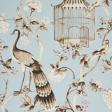 OISEAUX ET FLEURS wallpaper in Mineral by Schumacher, featuring elegant birds, birdcages, and floral motifs on a soft blue background.
