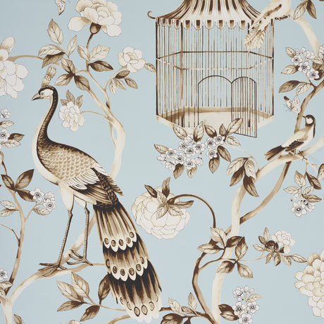 OISEAUX ET FLEURS wallpaper in Mineral by Schumacher, featuring elegant birds, birdcages, and floral motifs on a soft blue background.
