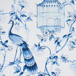 OISEAUX ET FLEURS wallpaper in Porcelain by Schumacher, featuring blue birds, birdcages, and flowers in a chinoiserie style.