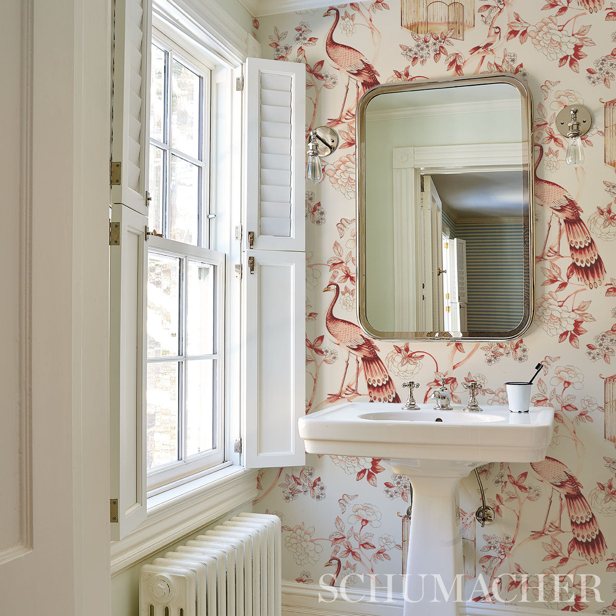 OISEAUX ET FLEURS Cinnabar by Schumacher Scenic Birds and Florals Wallpaper – Schumacher 5004082