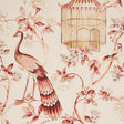 OISEAUX ET FLEURS wallpaper in Cinnabar by Schumacher featuring birds, birdcages, and floral motifs in a scenic, botanical design.