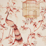 OISEAUX ET FLEURS wallpaper in Cinnabar by Schumacher featuring birds, birdcages, and floral motifs in a scenic, botanical design.
