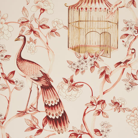 OISEAUX ET FLEURS wallpaper in Cinnabar by Schumacher featuring birds, birdcages, and floral motifs in a scenic, botanical design.