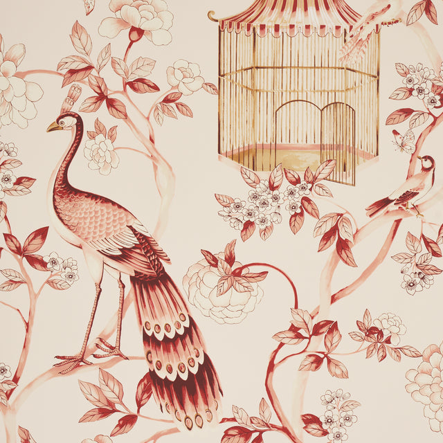 OISEAUX ET FLEURS wallpaper in Cinnabar by Schumacher featuring birds, birdcages, and floral motifs in a scenic, botanical design.