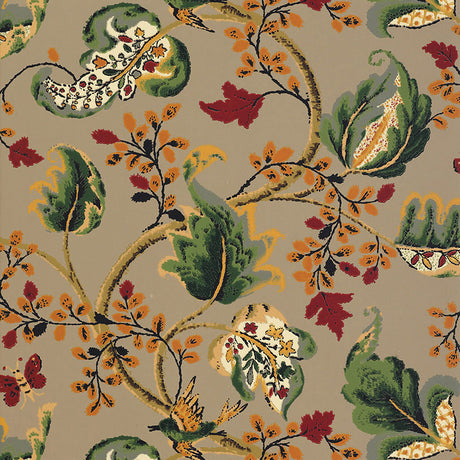 Fox Hollow wallpaper in multi on flannel, a classic botanical print with painterly leaves and flowers on a neutral background.