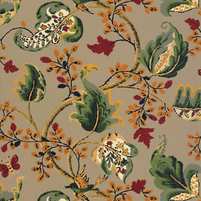 Fox Hollow wallpaper in multi on flannel, a classic botanical print with painterly leaves and flowers on a neutral background.