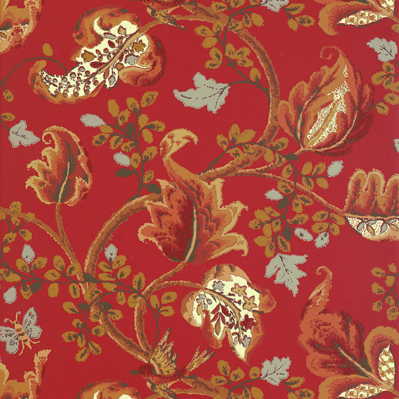 Fox Hollow wallpaper in Tomato and Brass by Schumacher, featuring a classic botanical print with painterly effect on a red background.