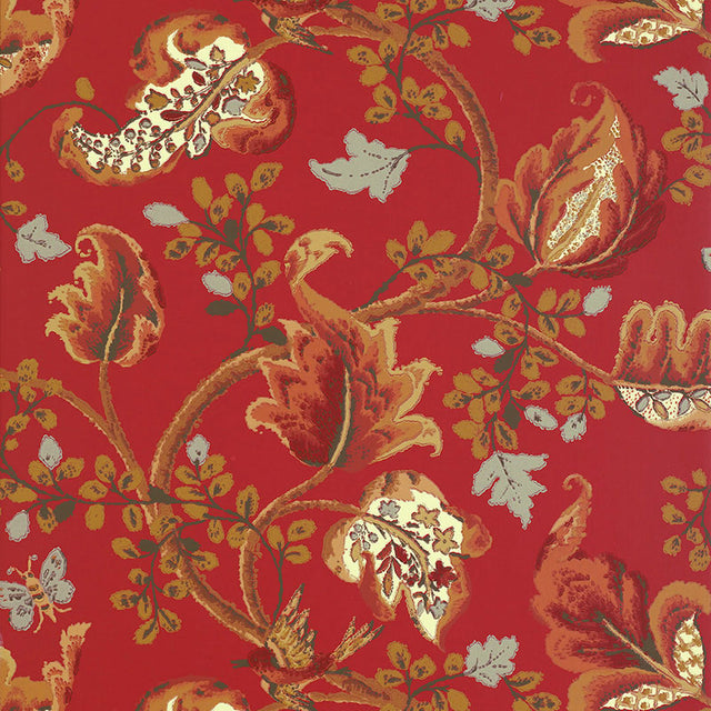 Fox Hollow wallpaper in Tomato and Brass by Schumacher, featuring a classic botanical print with painterly effect on a red background.