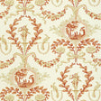 Jester Arabesque wallpaper in terra cotta with classical motifs and arabesque pattern, styled in a bathroom interior.