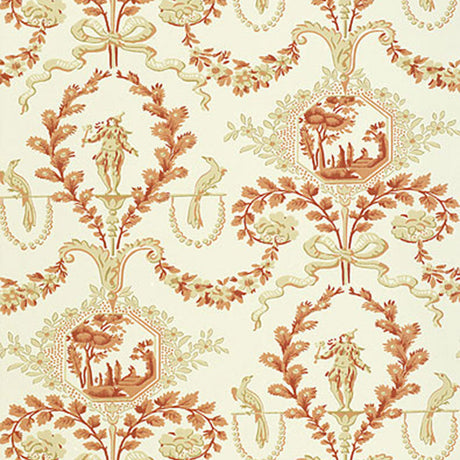 Jester Arabesque wallpaper in terra cotta with classical motifs and arabesque pattern, styled in a bathroom interior.