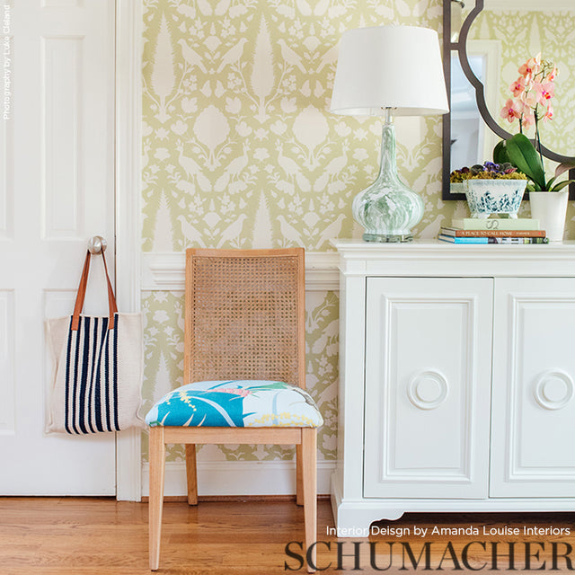 Chenonceau Sage by Schumacher Enchanting Flora and Fauna Damask Wallpaper – Schumacher 5004120