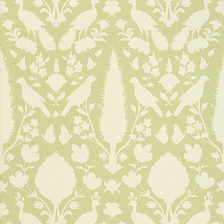 Chenonceau Sage wallpaper by Schumacher featuring enchanting flora and fauna silhouettes in a damask-inspired pattern.