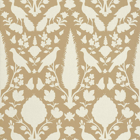 Chenonceau Fawn wallpaper by Schumacher featuring enchanting flora and fauna silhouettes in a damask-inspired pattern.