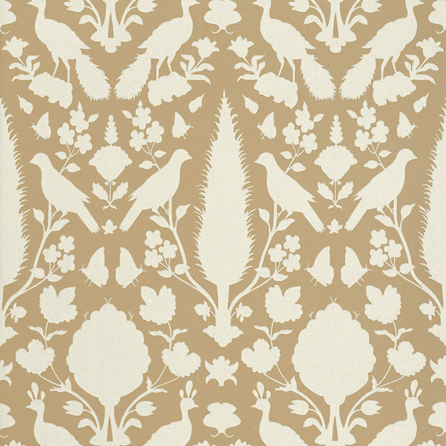 Chenonceau Fawn wallpaper by Schumacher featuring enchanting flora and fauna silhouettes in a damask-inspired pattern.
