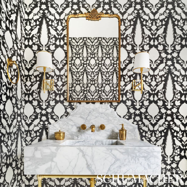 Chenonceau Charcoal by Schumacher Enchanting Flora and Fauna Damask Wallpaper – Schumacher 5004123