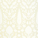 Chenonceau Bisque wallpaper by Schumacher featuring enchanting flora and fauna silhouettes in a damask-inspired pattern.
