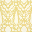 Chenonceau Buttercup wallpaper by Schumacher featuring a Persian damask-inspired pattern with birds and flora in yellow and white.