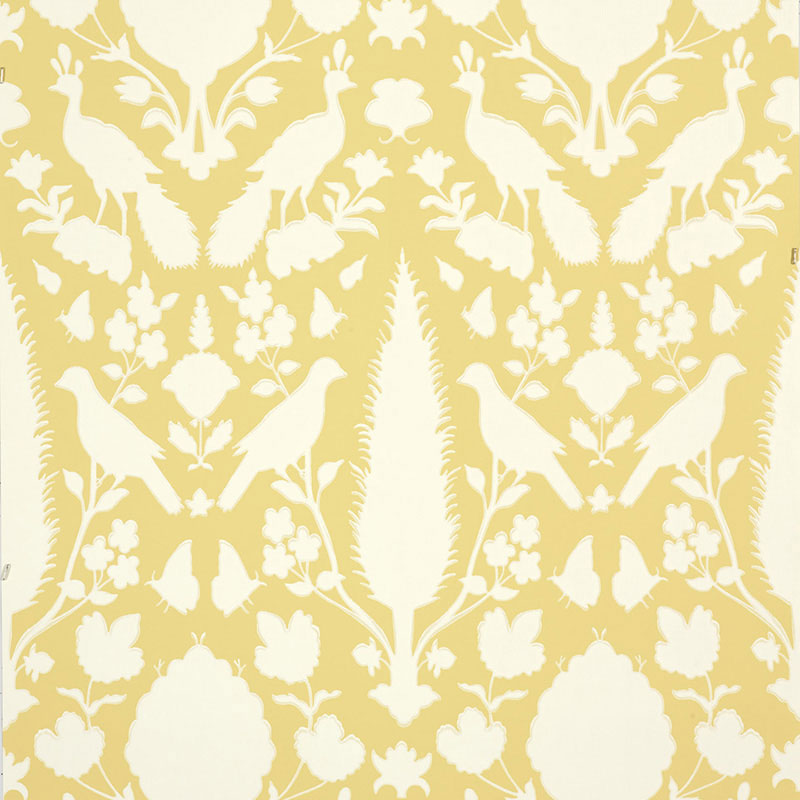 Chenonceau Buttercup wallpaper by Schumacher featuring a Persian damask-inspired pattern with birds and flora in yellow and white.