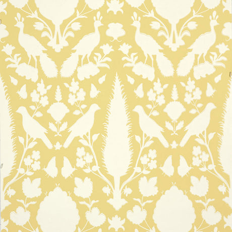 Chenonceau Buttercup wallpaper by Schumacher featuring a Persian damask-inspired pattern with birds and flora in yellow and white.