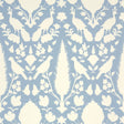 Chenonceau Sky wallpaper by Schumacher featuring a blue and white damask pattern with birds and flora.