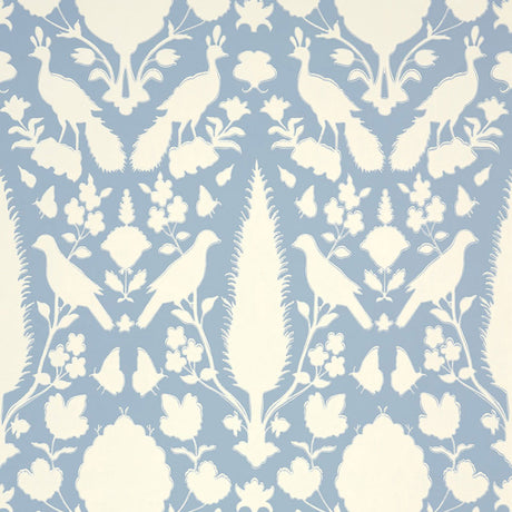 Chenonceau Sky wallpaper by Schumacher featuring a blue and white damask pattern with birds and flora.