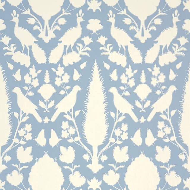 Chenonceau Sky wallpaper by Schumacher featuring a blue and white damask pattern with birds and flora.
