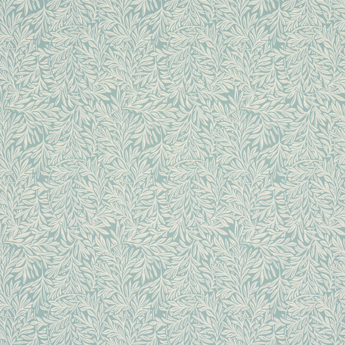 Aqua botanical willow leaf wallpaper with intertwining leaves, surface print technique, and subtle depth by Schumacher.