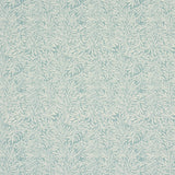 Aqua botanical willow leaf wallpaper with intertwining leaves, surface print technique, and subtle depth by Schumacher.