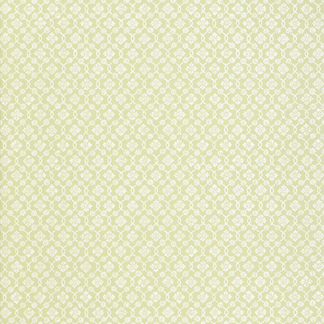 Harbury Trellis Willow wallpaper by Schumacher, featuring a delicate floral and lattice pattern in a soft green colorway.