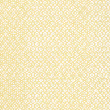 Harbury Trellis wallpaper in Buttercup by Schumacher features a delicate floral and lattice pattern in yellow and white.