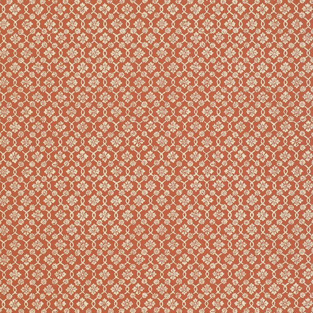 Harbury Trellis wallpaper in coral by Schumacher, featuring a delicate floral and lattice pattern.