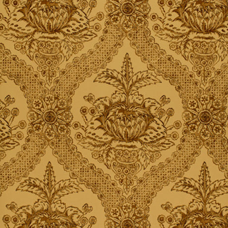Haddon Hall Damask wallpaper in Umber by Schumacher, featuring a classic damask pattern in warm brown tones.